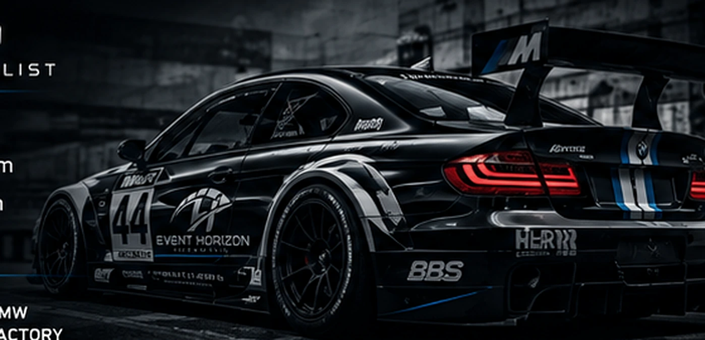 Event Horizon Autohaus E92-inspired DTM race-car artwork in black, silver, and blue